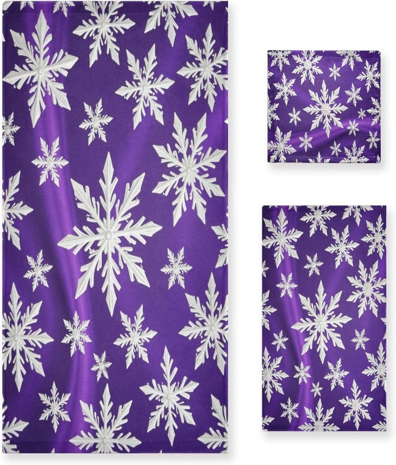 Dussdil Purple Christmas White Snowflakes Bathroom Towel Set of 3 Pcs Snow Hand Fingertip Towels 1 Bath Towel 1 Hand Towel 1 Washcloth for Home Bathroom Beach Swim Soft Highly Absorbent Multipurpose Decor - Image 1
